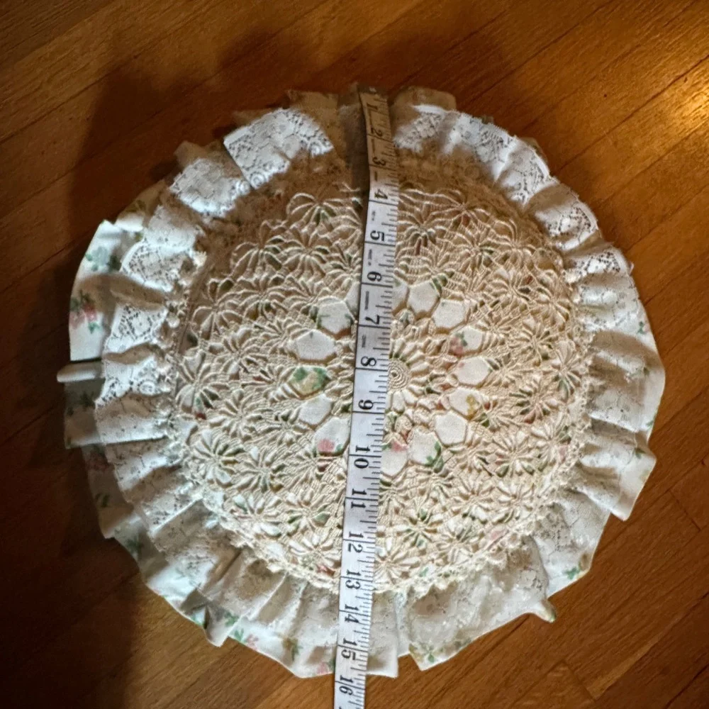 Shabby Chic Floral and Crocheted Cottagecore Circular Throw Pillow